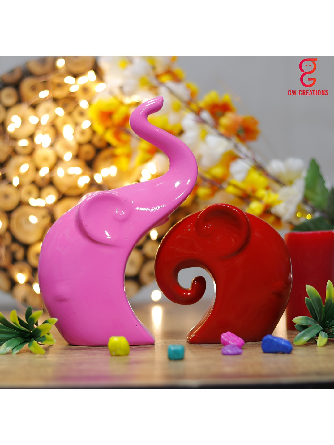 GW CREATIONS Elephant Family Pink Polyresin Glossy Living Room Set of 2 Medium Showpieces - 9.1 Inches