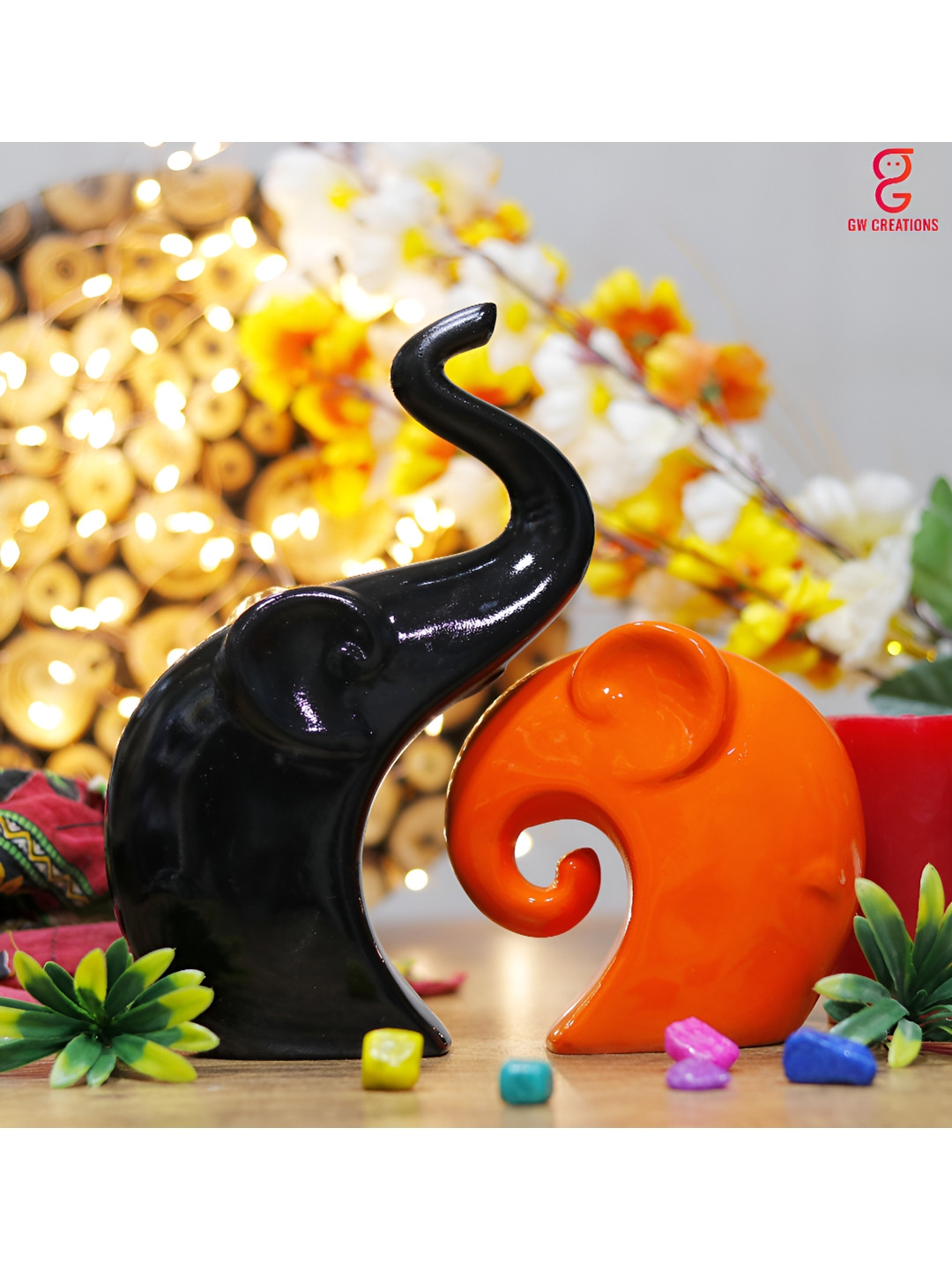GW CREATIONS Elephant Family Black Polyresin Glossy Living Room Set of 2 Medium Showpieces - 9.1 Inches