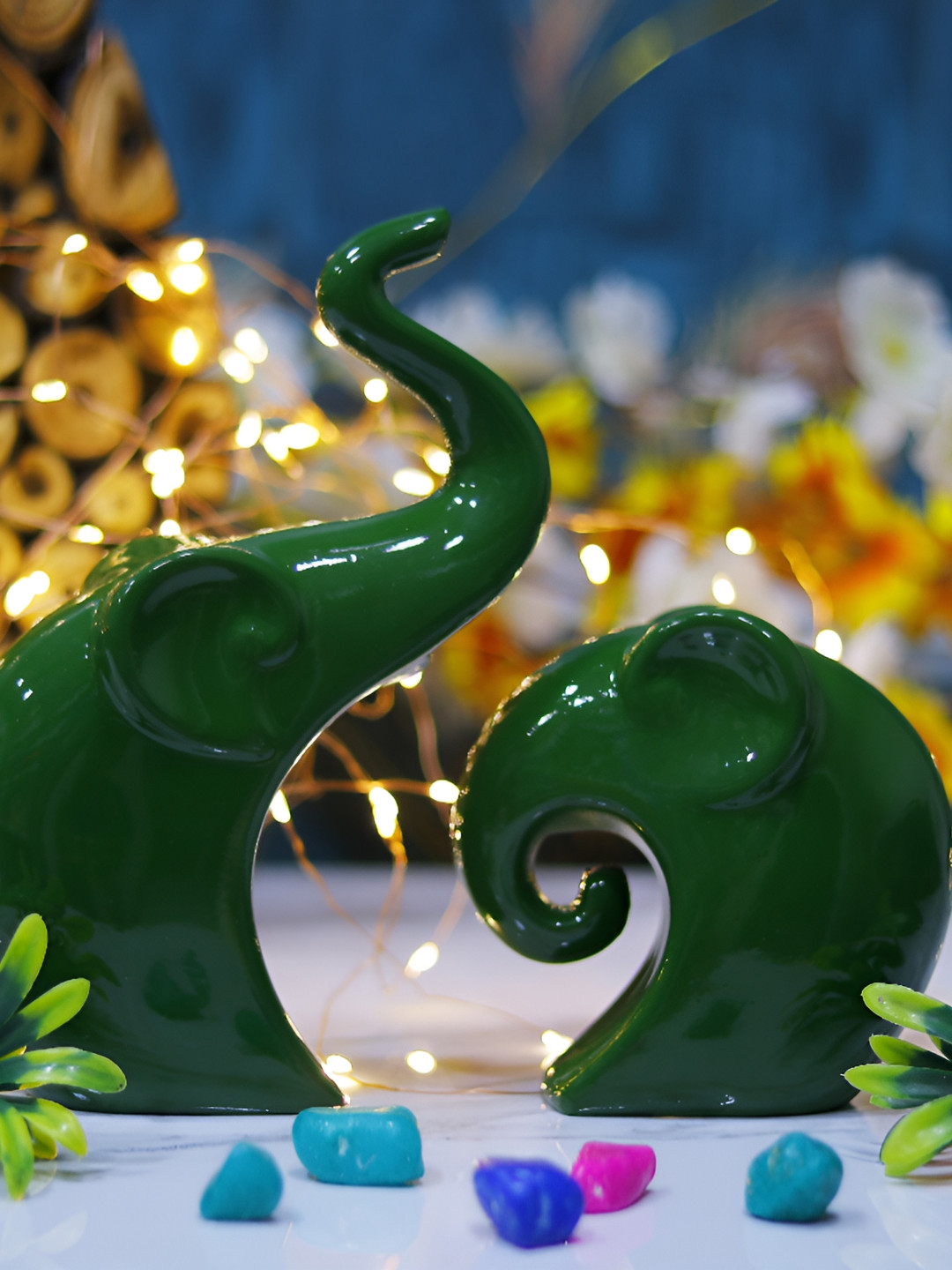 GW CREATIONS Elephant Family Green Polyresin Glossy Living Room Set of 2 Medium Showpieces - 1.2 Inches