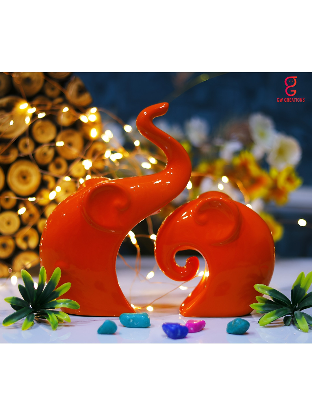 GW CREATIONS Elephant Family Red Polyresin Glossy Living Room Set of 2 Medium Showpieces - 1.2 Inches