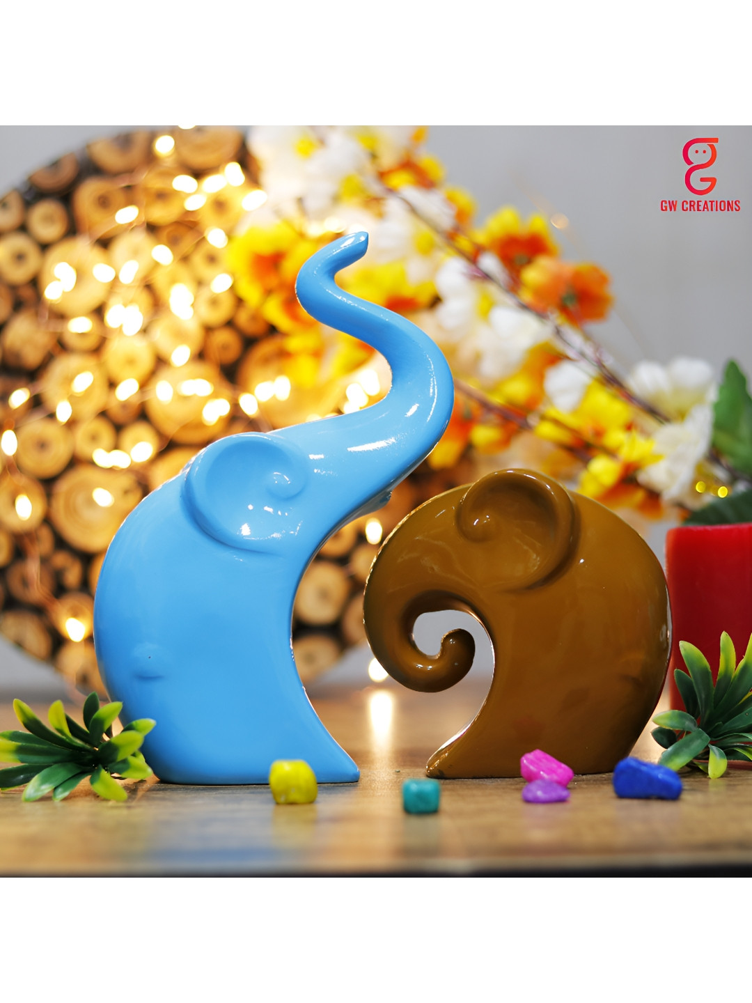 GW CREATIONS Elephant Family Blue Polyresin Matte Garden Set of 2 Medium Showpieces - 1.2 Inches