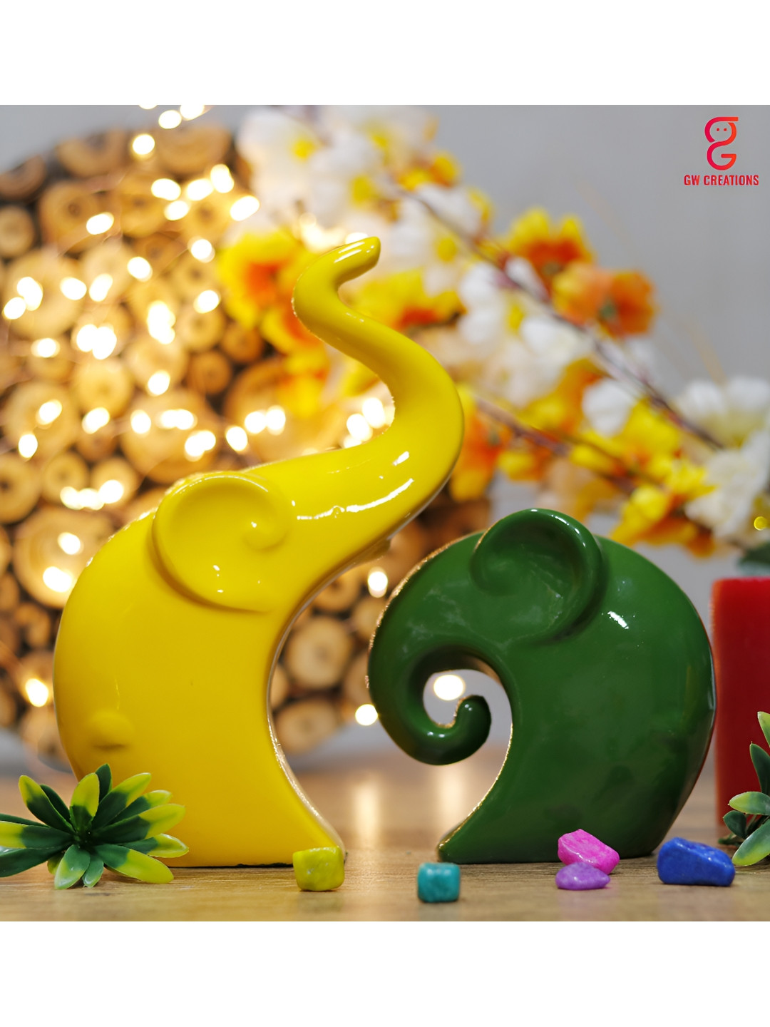 GW CREATIONS Elephant Family Fengshui Vastu Yellow Polyresin Glossy Living Room Set of 2 Medium Showpieces - 1.2 Inches