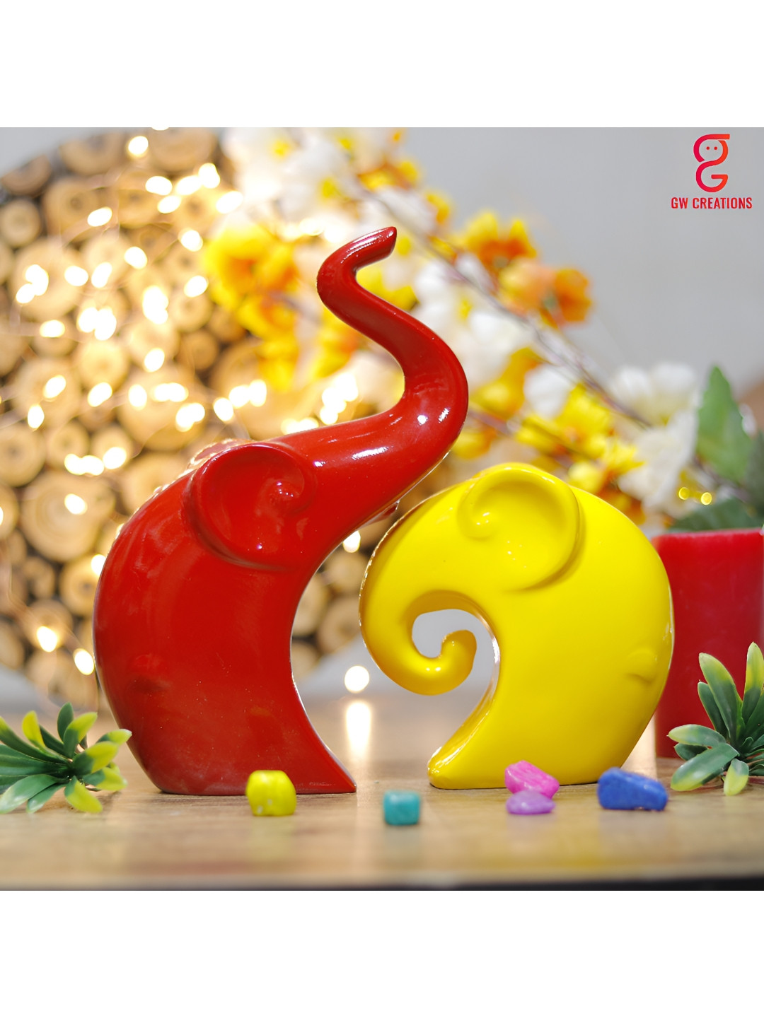 GW CREATIONS Luxurious Elephant Family Red Polyresin Glossy Living Room Set of 2 Medium Showpieces - 9.1 Inches