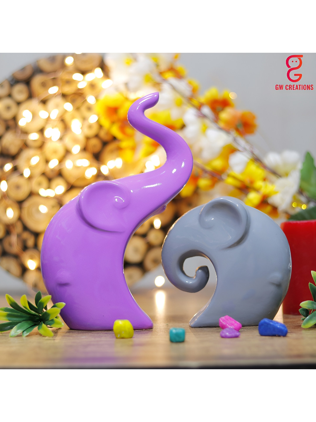 GW CREATIONS Elephant Family Purple Polyresin Glossy Living Room Set of 2 Medium Showpieces - 3.5 Inches