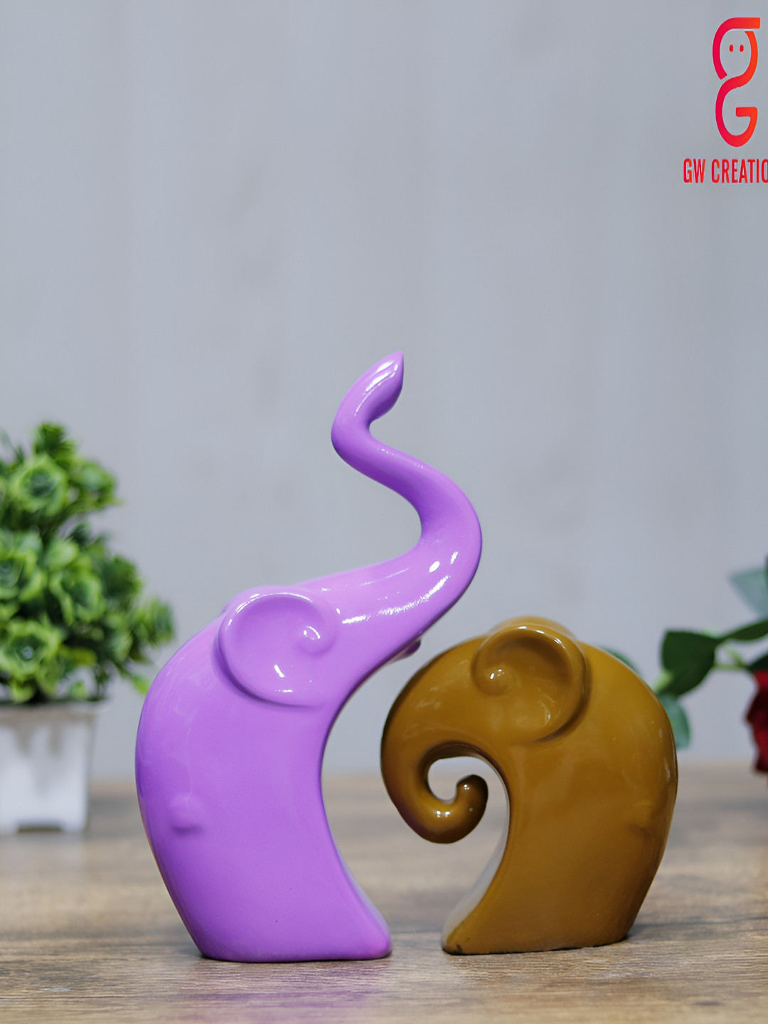 GW CREATIONS Elephant Family Fengshui Vastu Purple Polyresin Glossy Living Room Set of 2 Medium Showpieces - 1.2 Inches