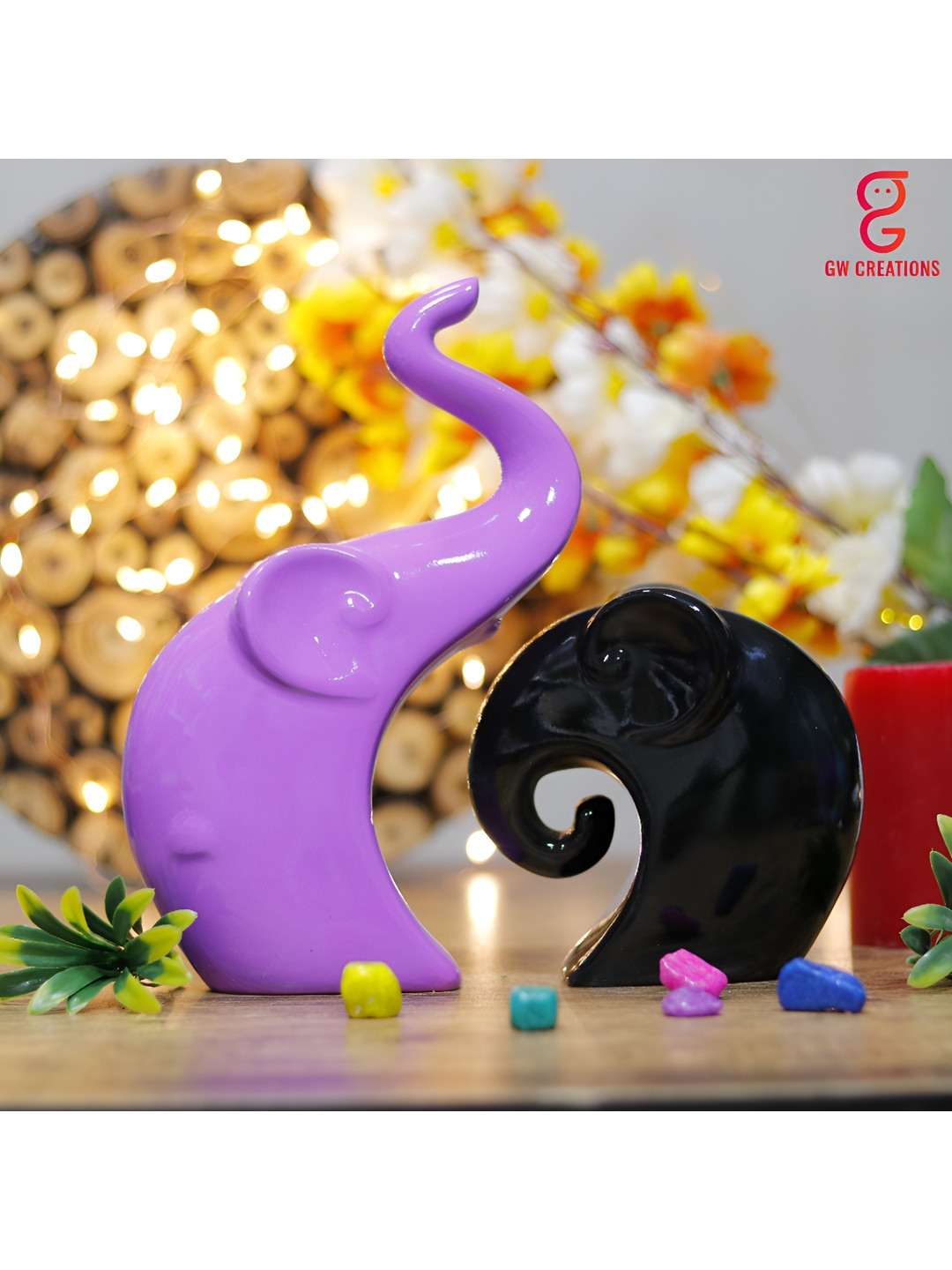 GW CREATIONS Luxurious Elephant Family Purple Polyresin Glossy Living Room Set of 2 Medium Showpieces - 9.1 Inches