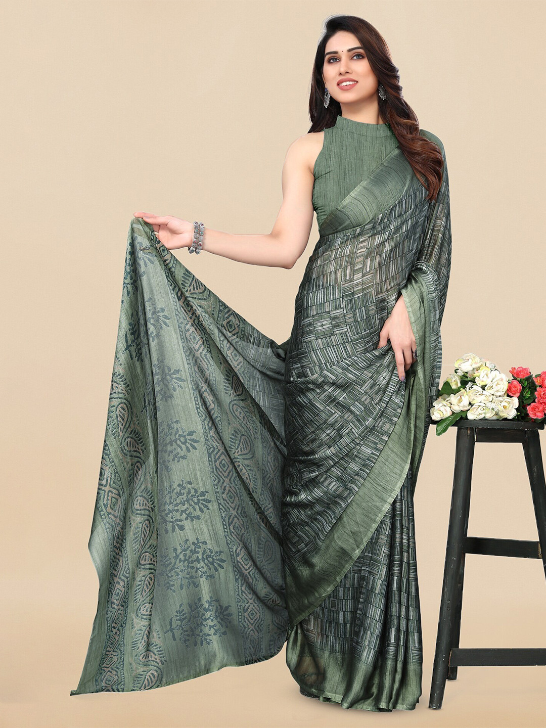 KALINI Green & Beige Geometric printed saree with printed border Chiffon Saree