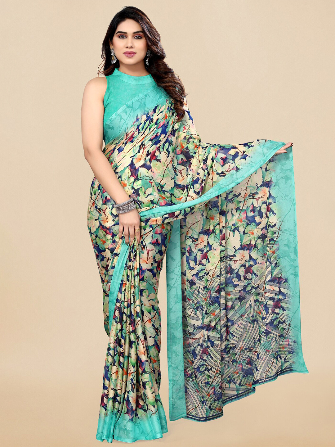 KALINI Cream & Turquoise Blue Floral printed border Chiffon Saree