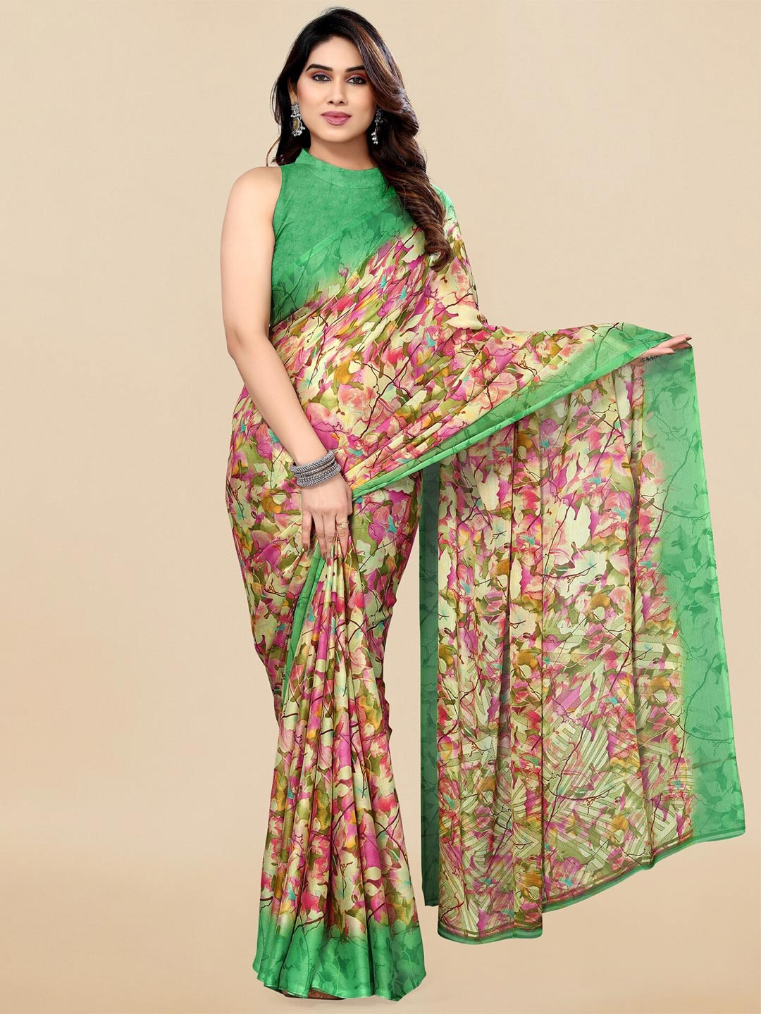 KALINI Cream & Green Floral Print Chiffon Saree