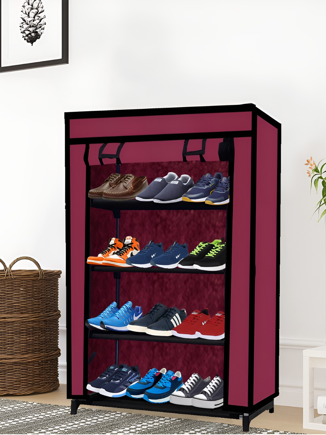 Urban Choice Maroon 4 Layer Non woven Fabric Rectangle Shoes Rack