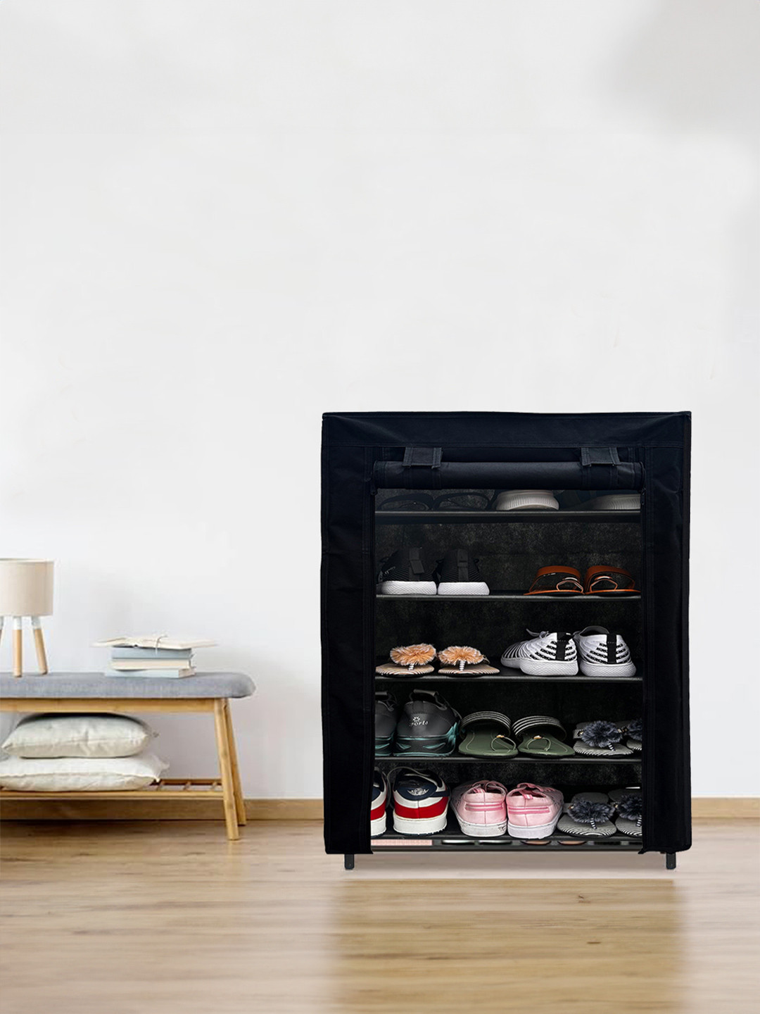 Urban Choice Black 5 Layer Non woven Fabric Rectangle Shoes Rack