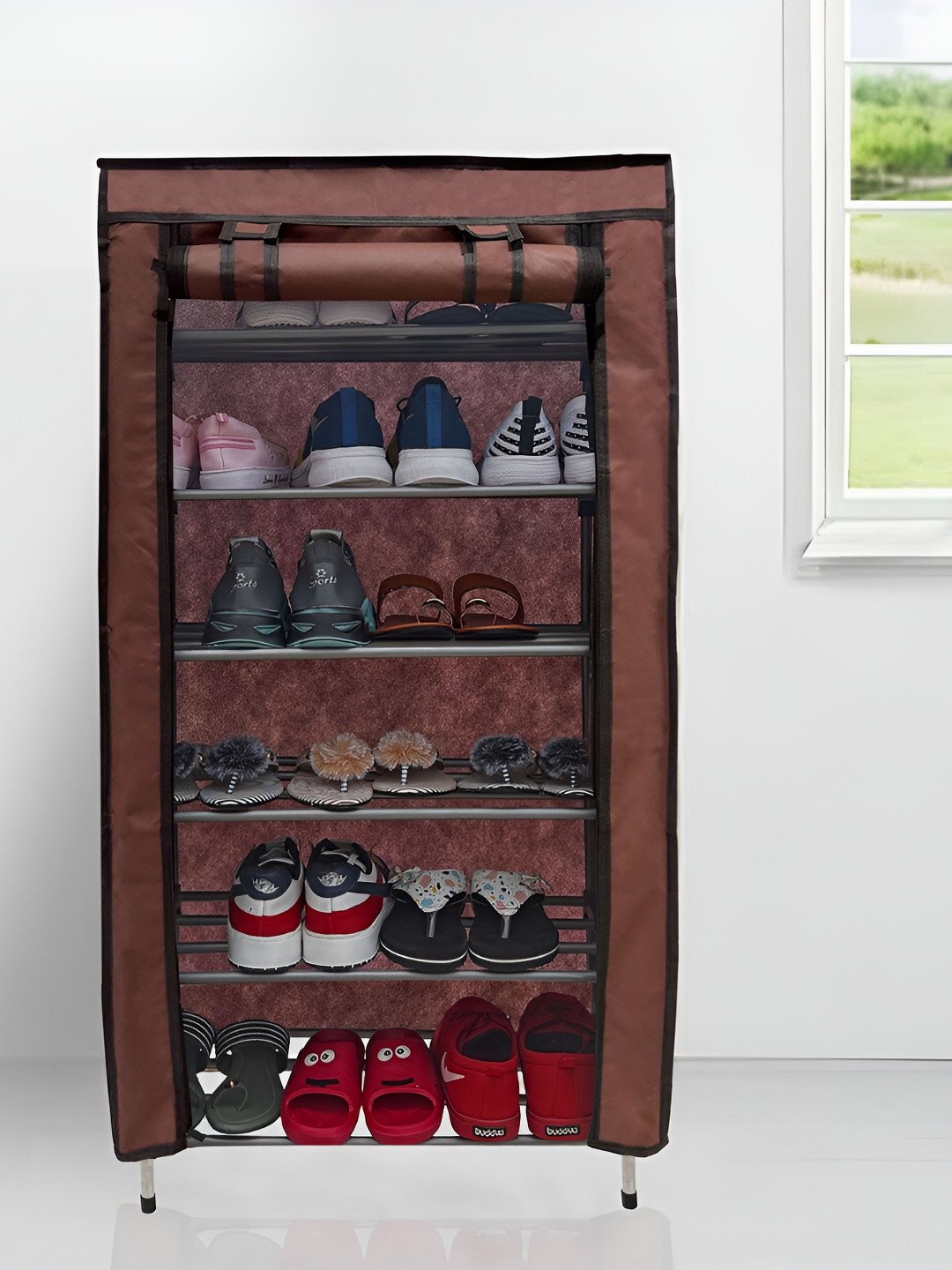 Urban Choice Brown Metal 6 Layer Non woven Fabric Rectangle Shoes Rack