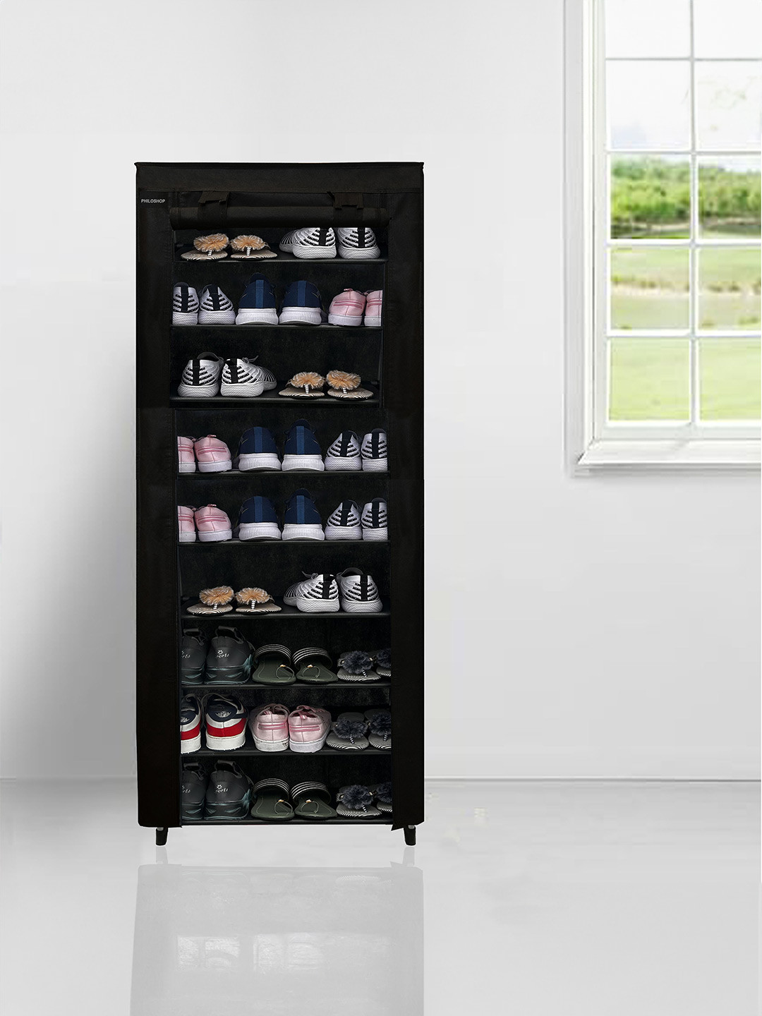 Urban Choice Black 9 Layer Non woven Fabric Rectangle Shoes Rack