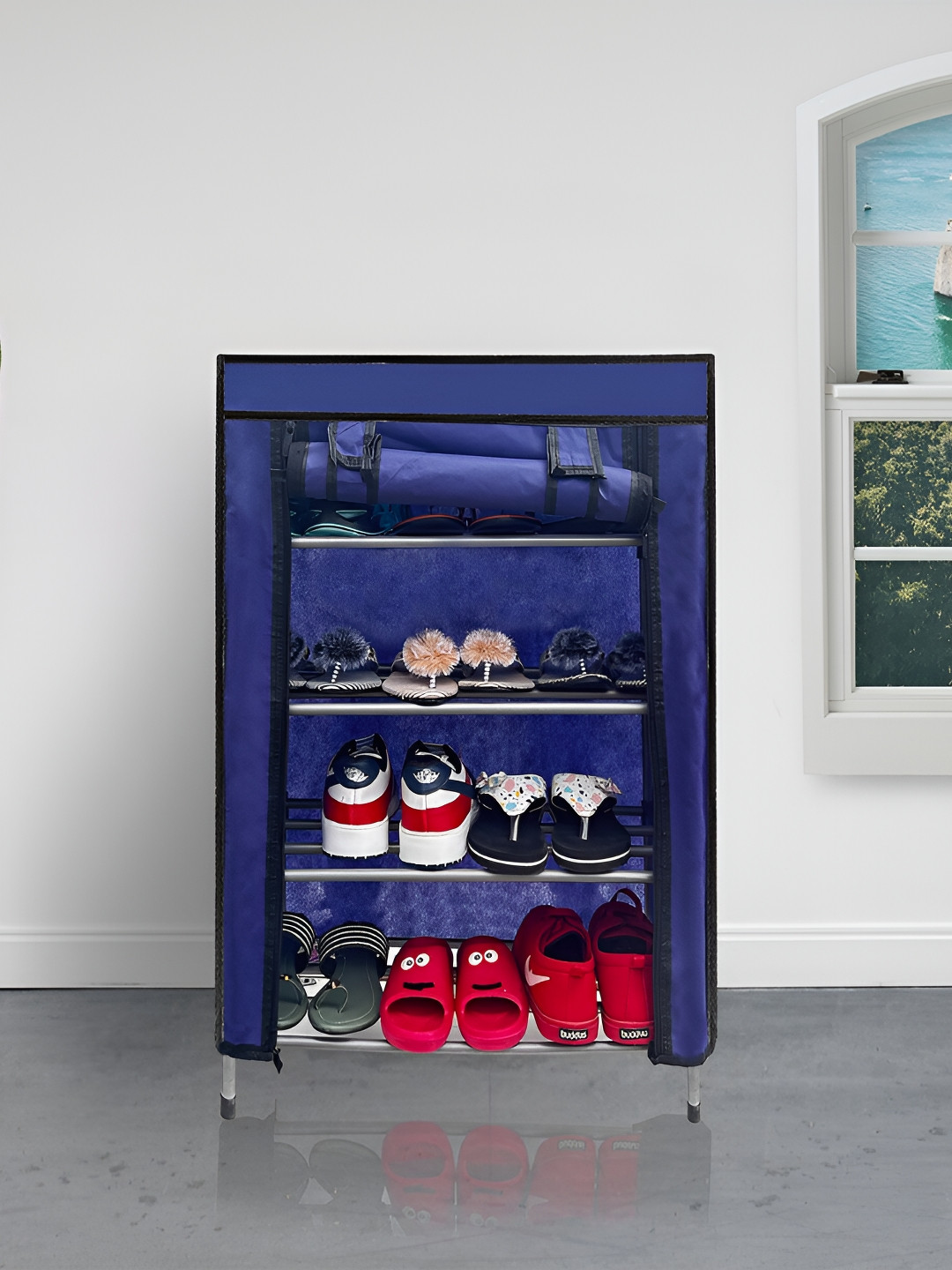 Urban Choice Blue 4 Layer Non woven Fabric Rectangle Shoes Rack