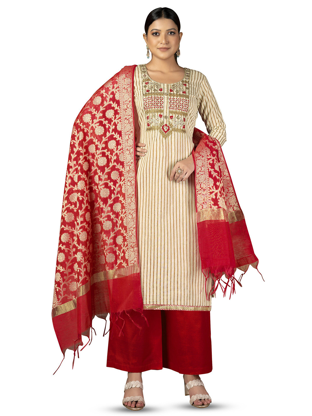 MANVAA Beige Embroidered Unstitched Dress Material