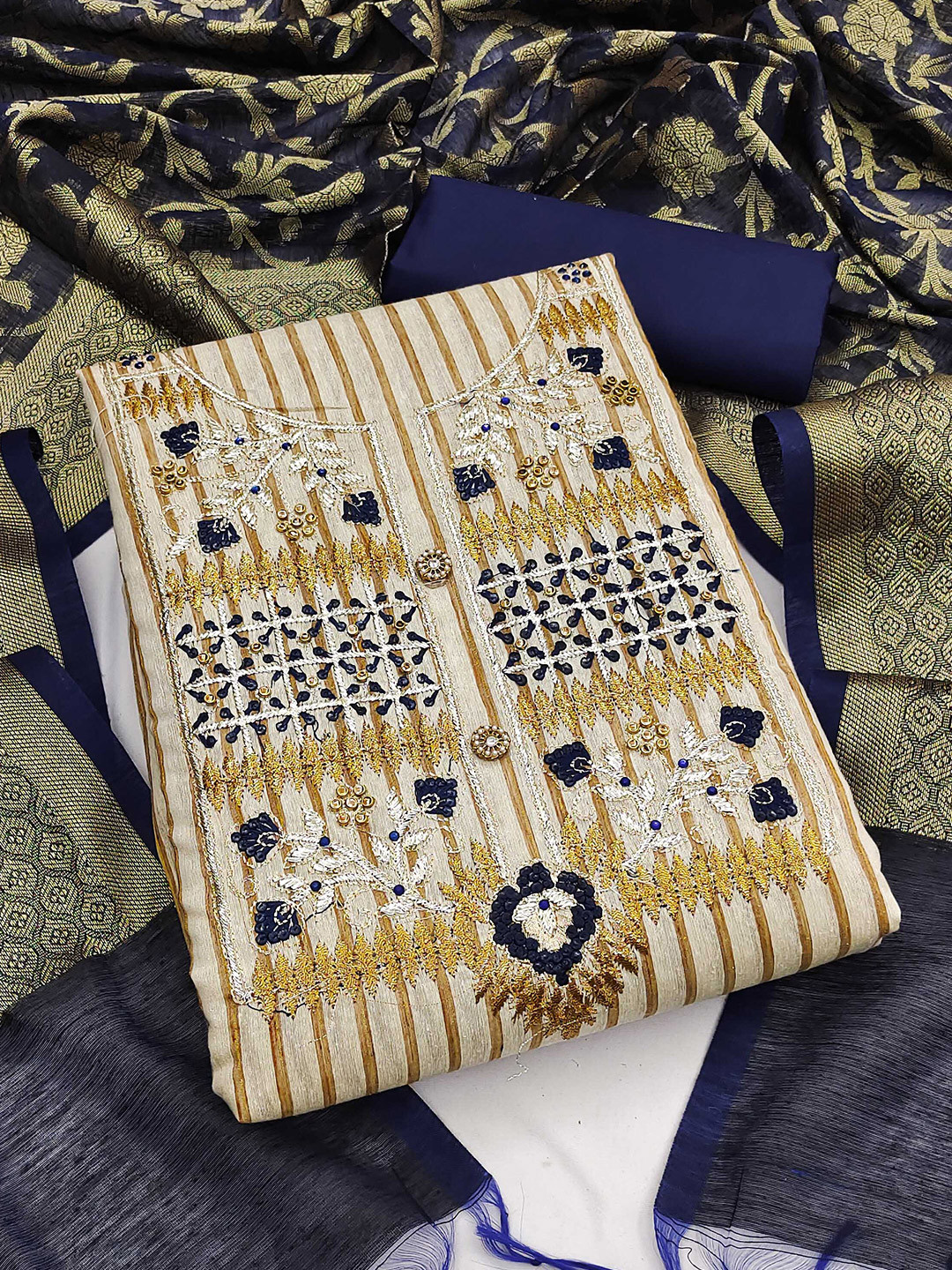 MANVAA Floral Yoke Designed Beads And Stones Unstitched Dress Material