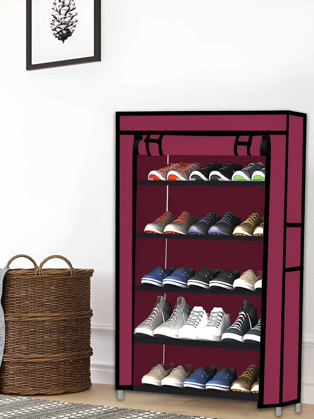 Urban Choice Maroon Metal 5 Layer Non woven Fabric Rectangle Shoes Rack