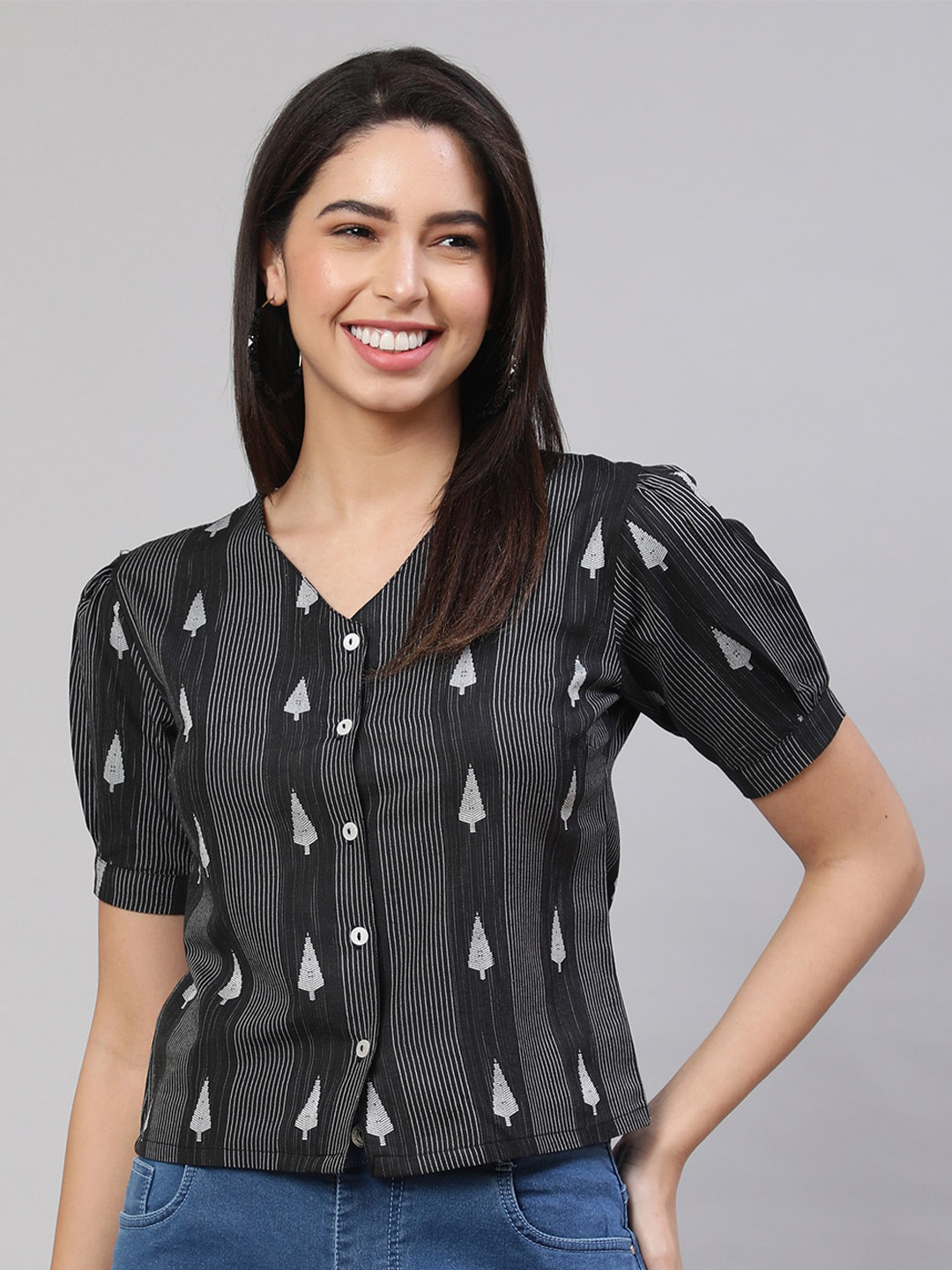 AKIMIA Geometric Woven Design Puff Sleeve Top