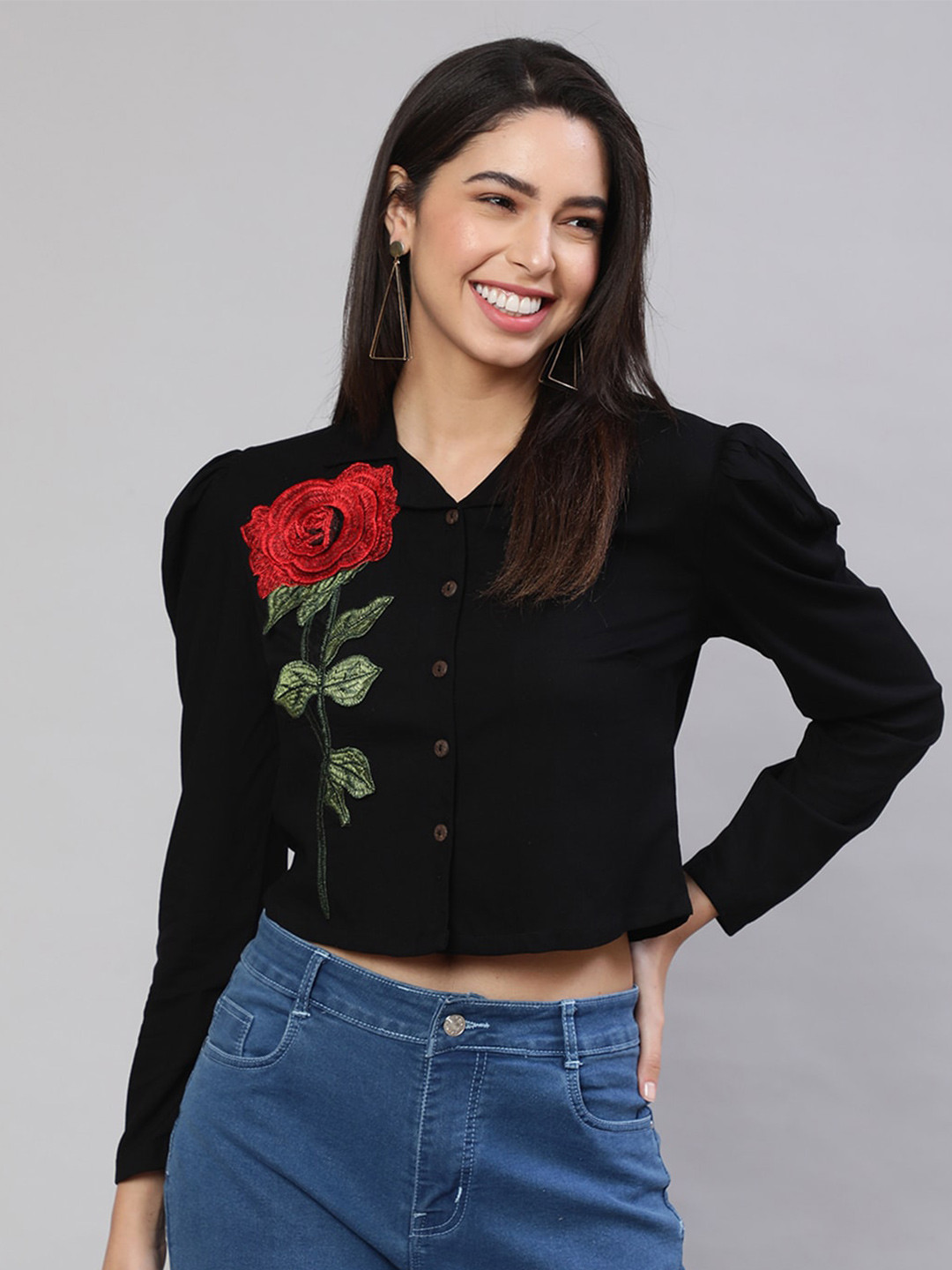 AKIMIA Applique Puff Sleeves Shirt Collar Top