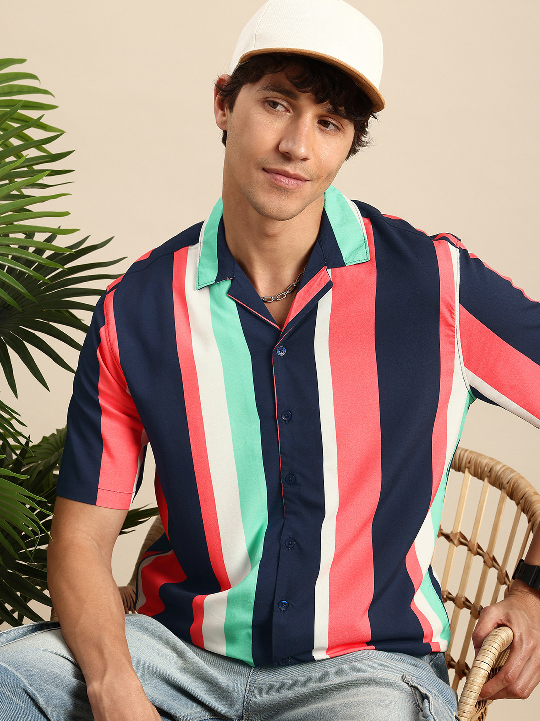 Mast & Harbour Multi Striped Cuban Collar Casual Shirt