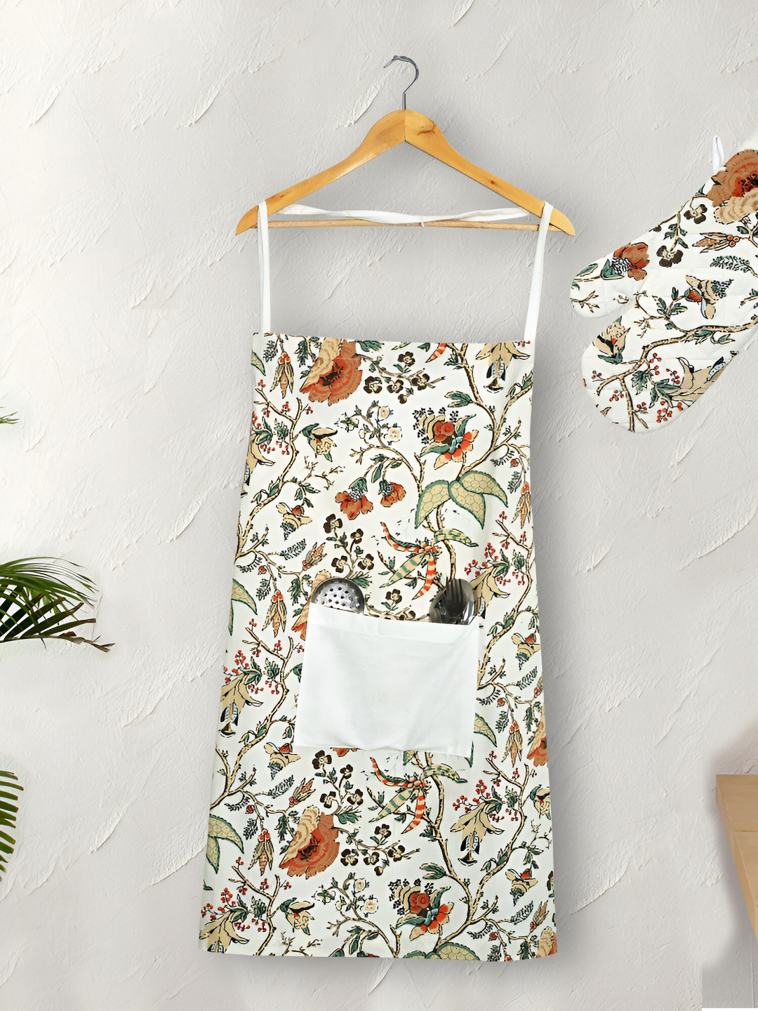 Texstylers 2 Pieces Brown & White Printed Cotton Apron With Oven Glove