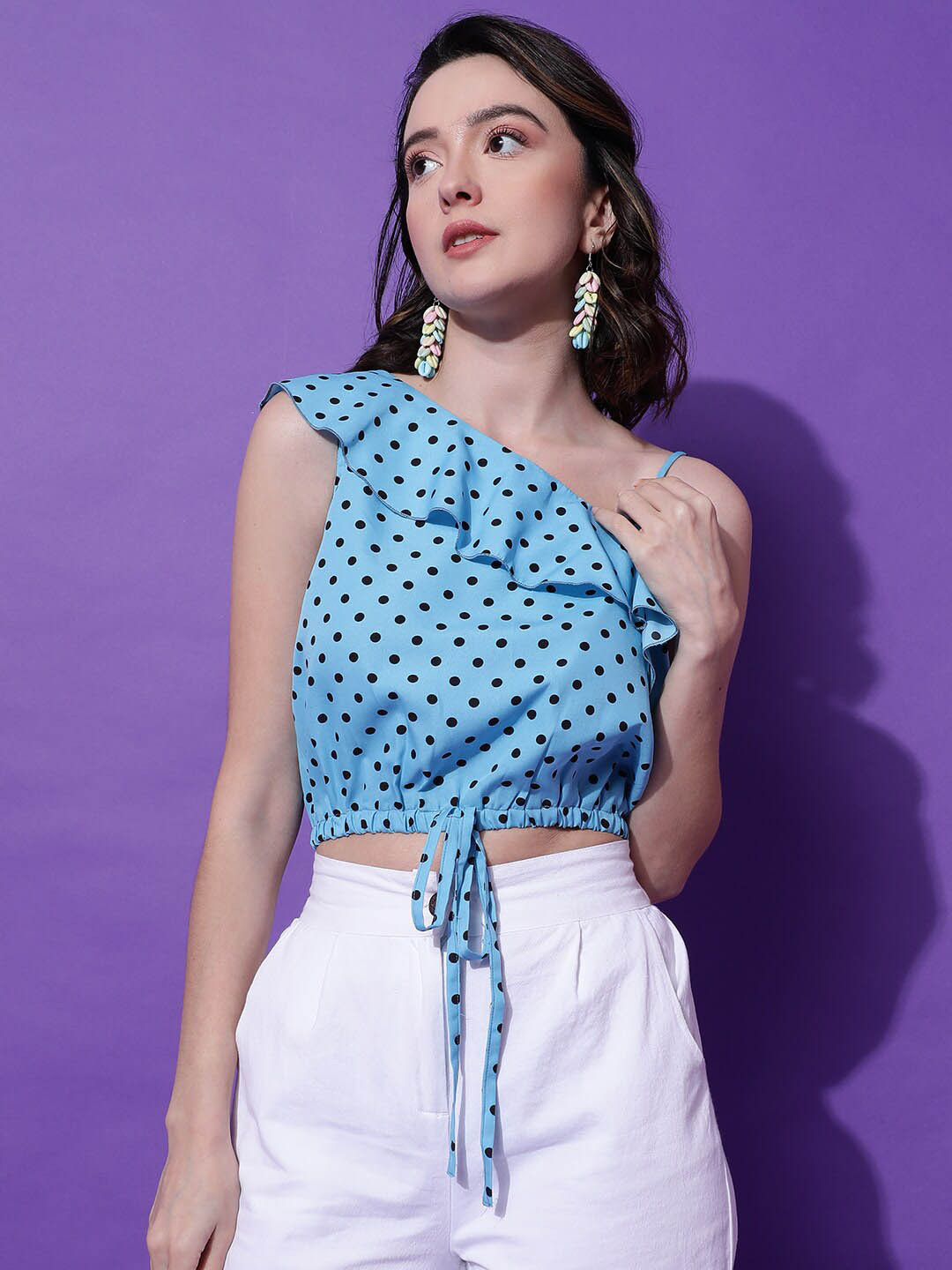 Stylecast X Kotty Blue Polka Dot Printed One Shoulder Crop Top