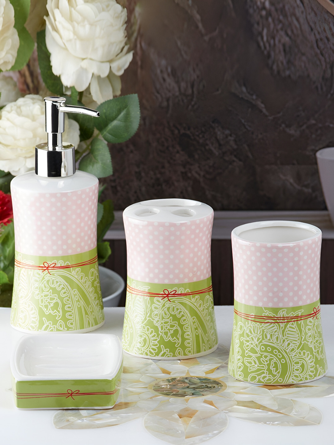 Kookee White & Green 4 piece Abstract Ceramic Bath Accessories Set