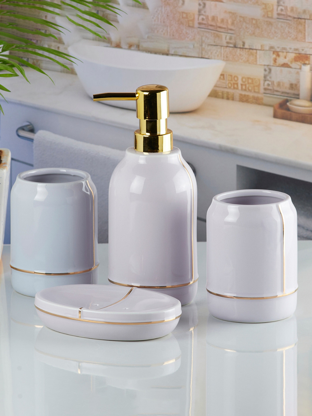 Kookee Purple 4 pieces Abstract Ceramic Bathroom Accessories Set