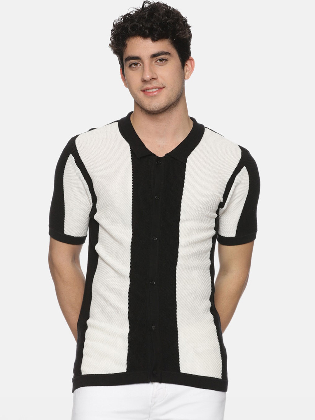 Melvin Jones Vertical Striped Polo Collar Pure Cotton T-shirt