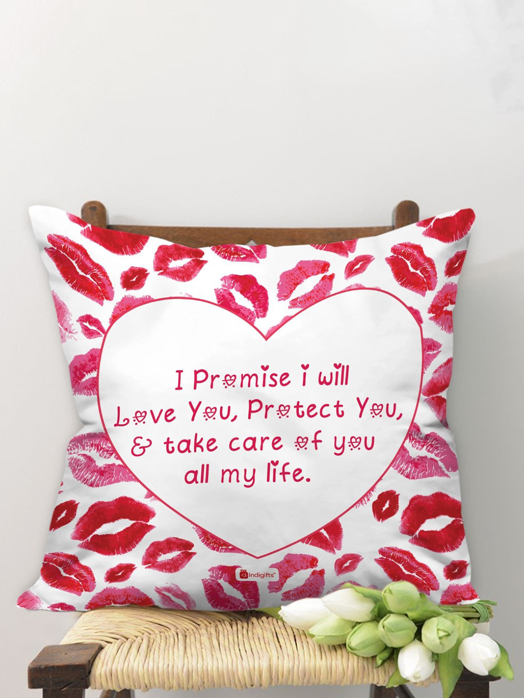 Indigifts White & Pink Printed Square Fiber Filled Cushion