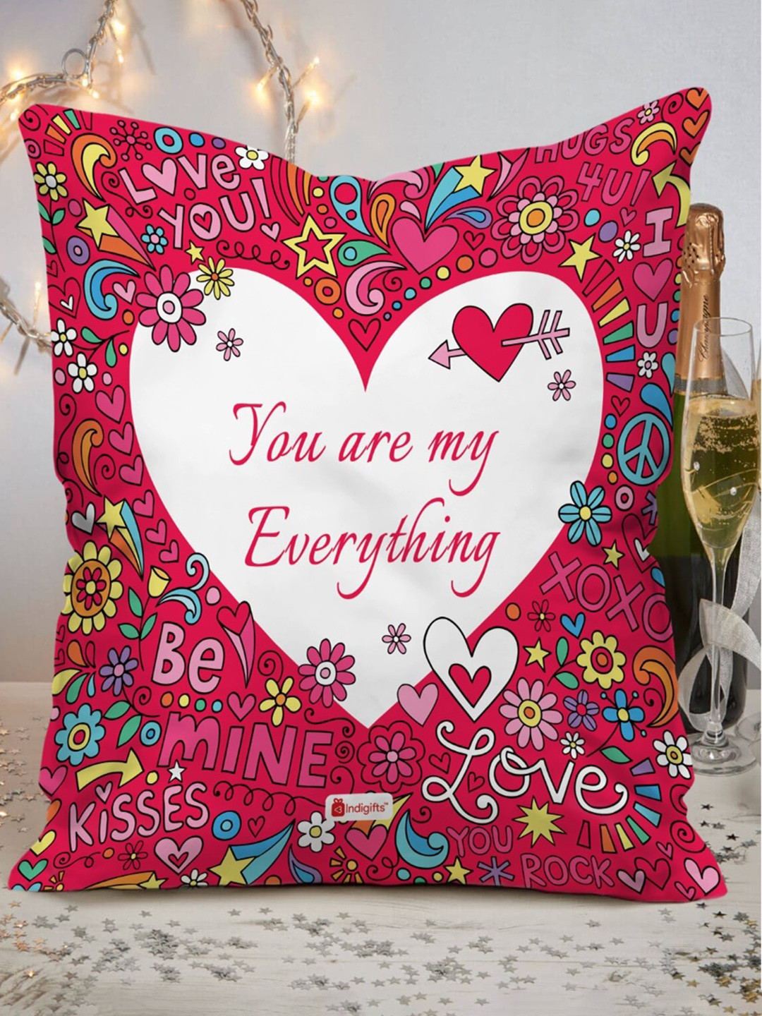 Indigifts 2 Pieces Red Printed Cushion Cover & Coffee Mug Gift Set