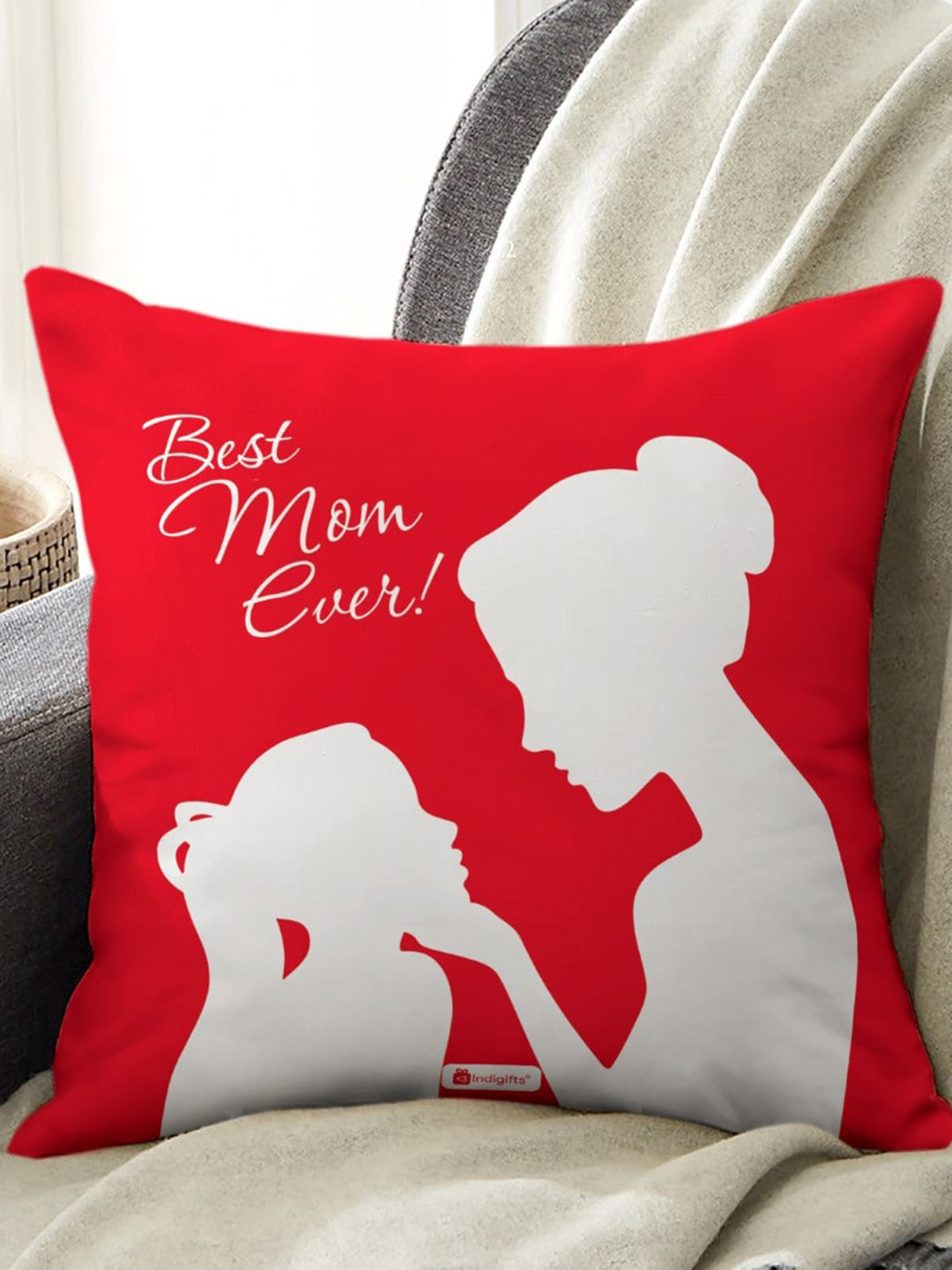 Indigifts Red & White Best Mom Ever Printed Square Filled Cushion