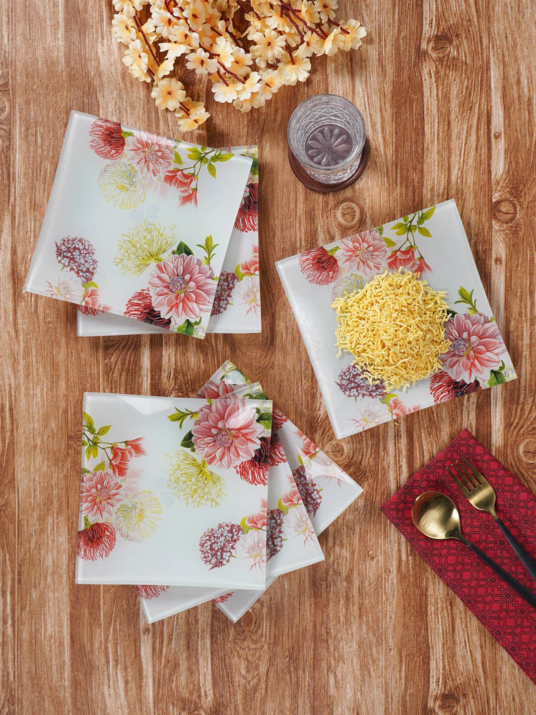 ceradeco White & Pink 6 Pieces Floral Printed Glass Serving Plates