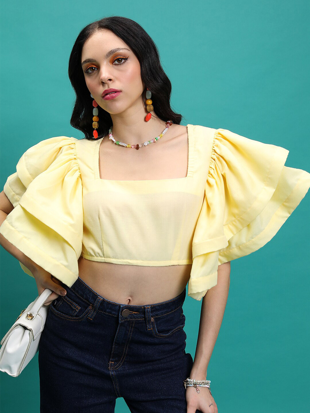 Tokyo Talkies Yellow Flutter Sleeves Crop Top