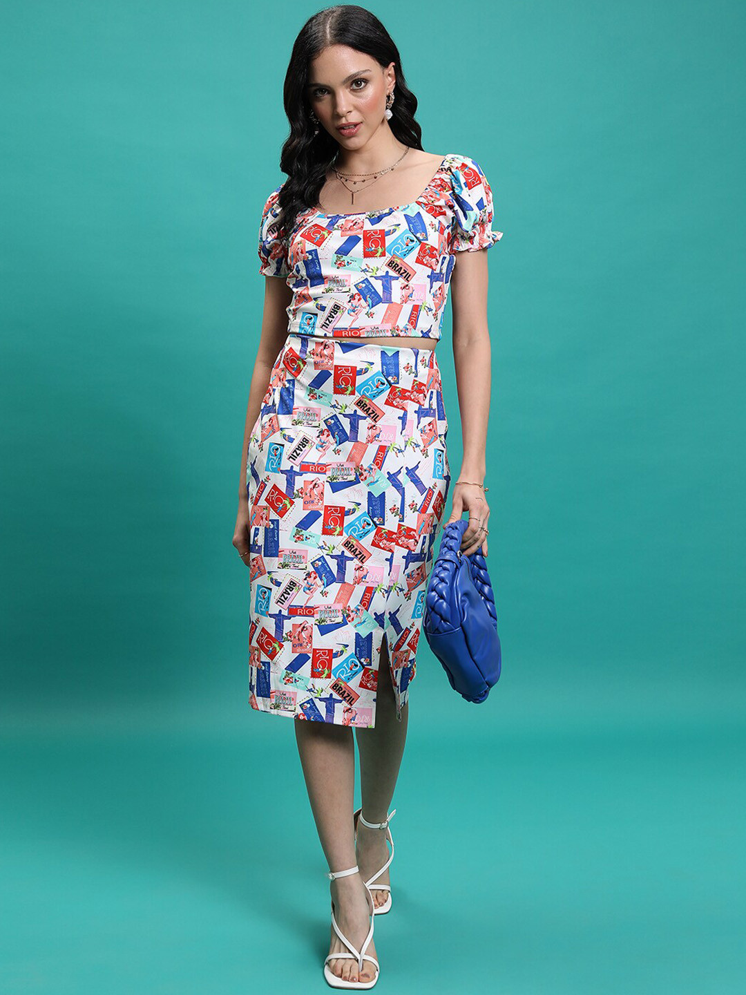 Tokyo Talkies Printed Puff Sleeve Crop Top With Pencil Skirt