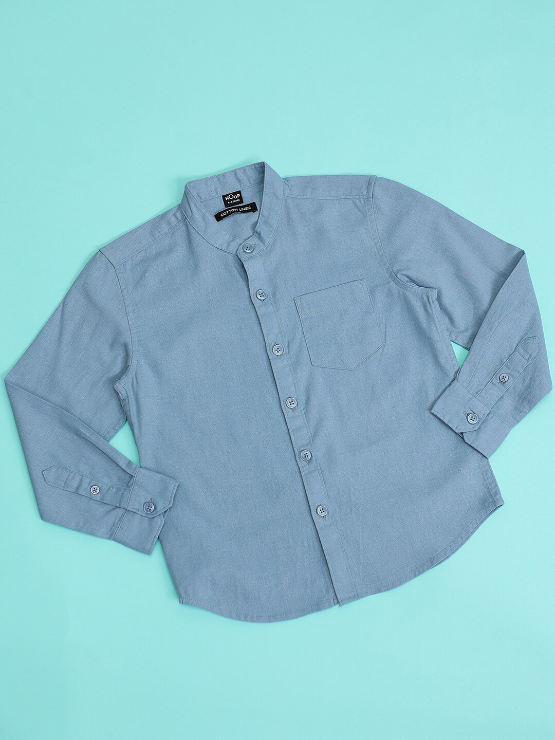 Hoop Boys Chest Pocket Mandarin Collar Opaque Slim Fit Casual Shirt