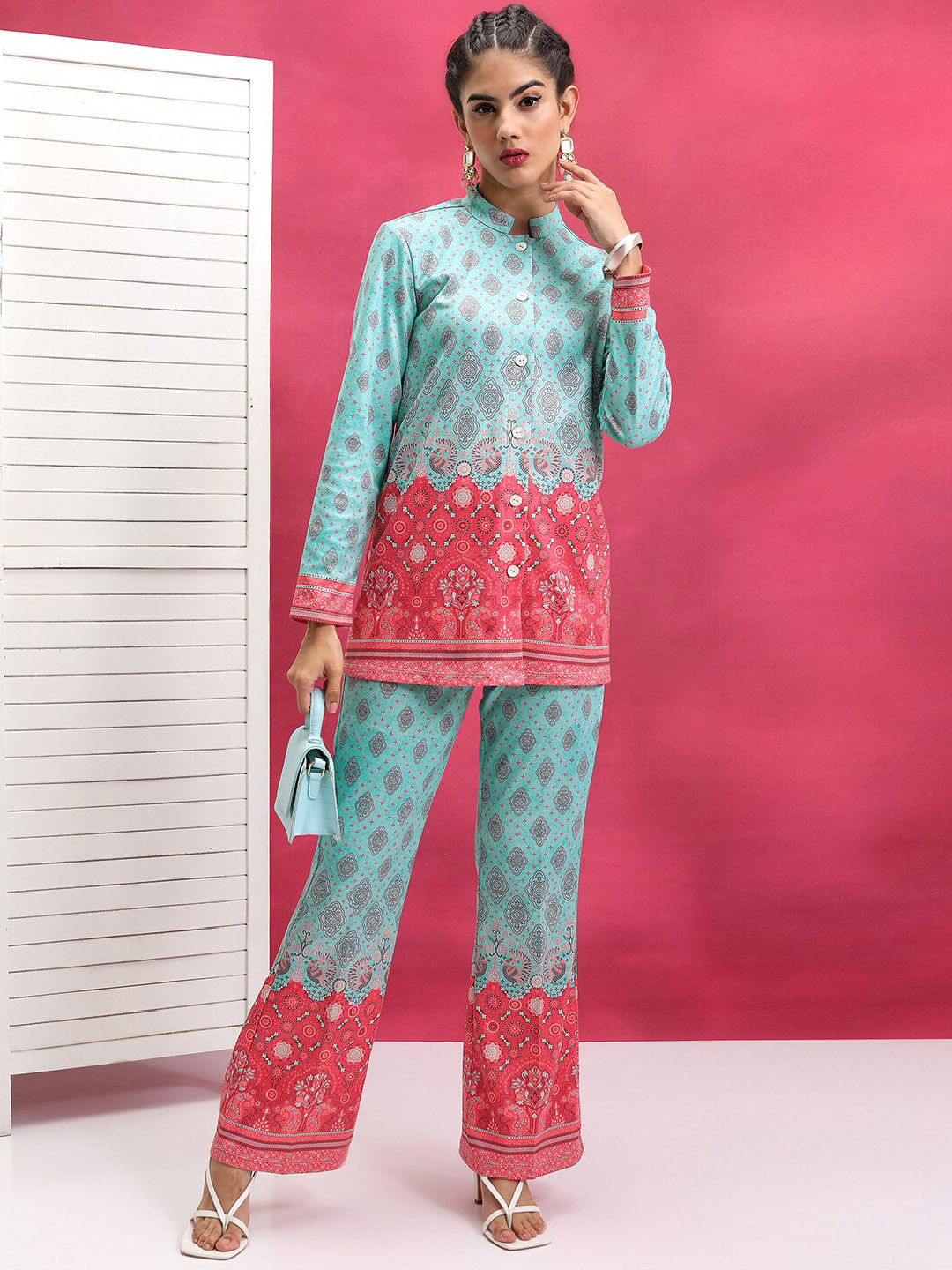 Vishudh Turquoise Blue Printed Mandarin Collar Shirt With Trouser