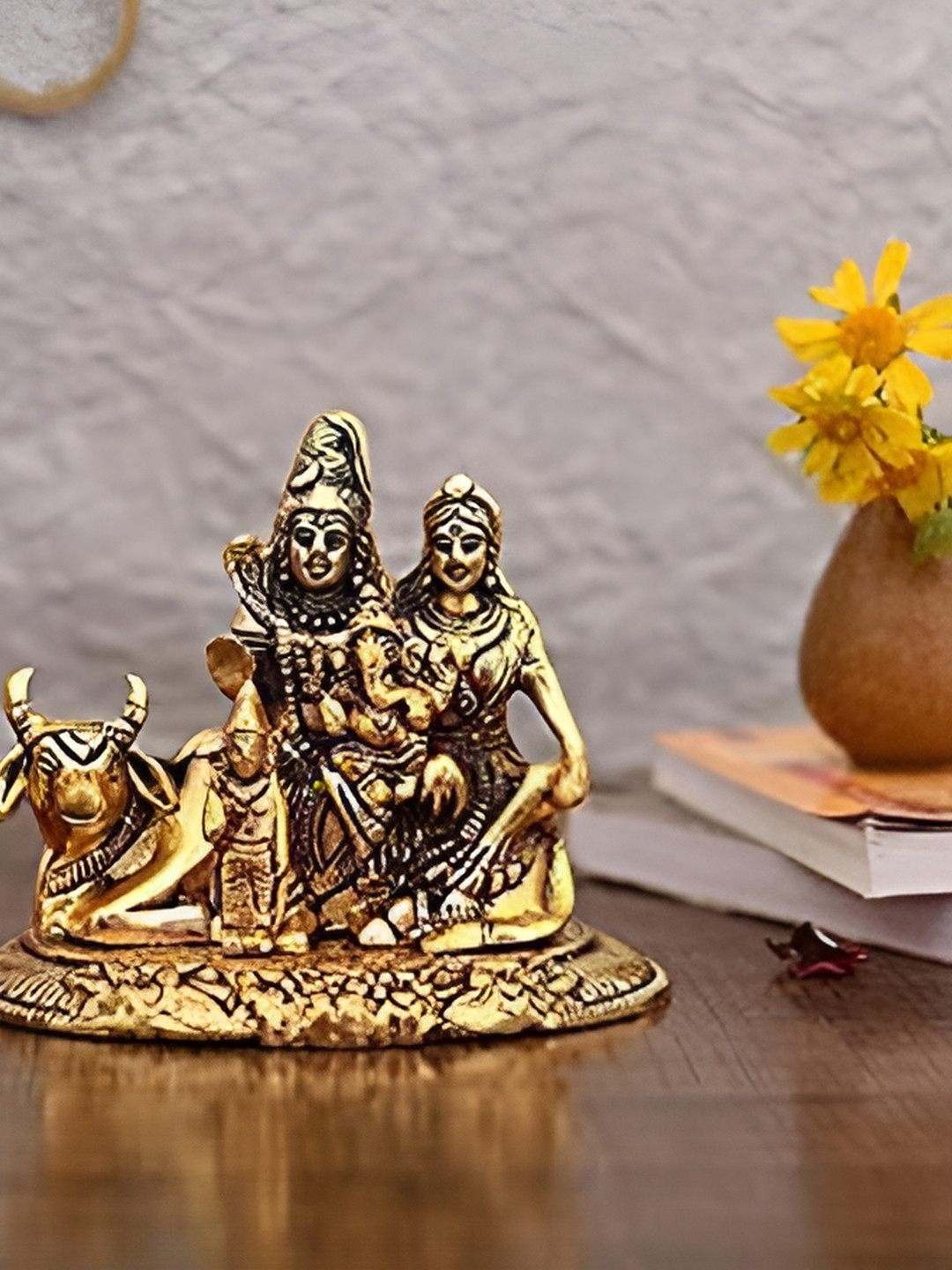 Navyaksh Sai Collection Shiva Parvati Ganesh Gold Brass Metallic Prayer Room Hand-Crafted Small Showpiece - 3.1 Inches