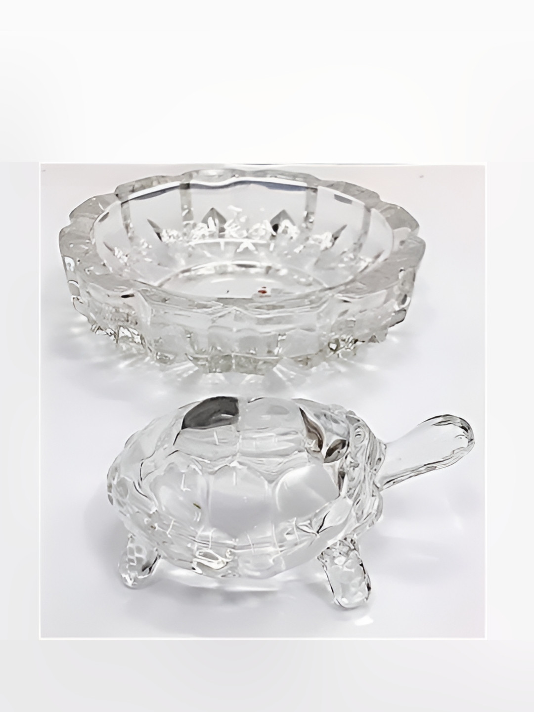 Navyaksh Turtle with Plate Transparent Glass Glossy Prayer Room Set of 2 Medium Showpieces - 3.1 Inches