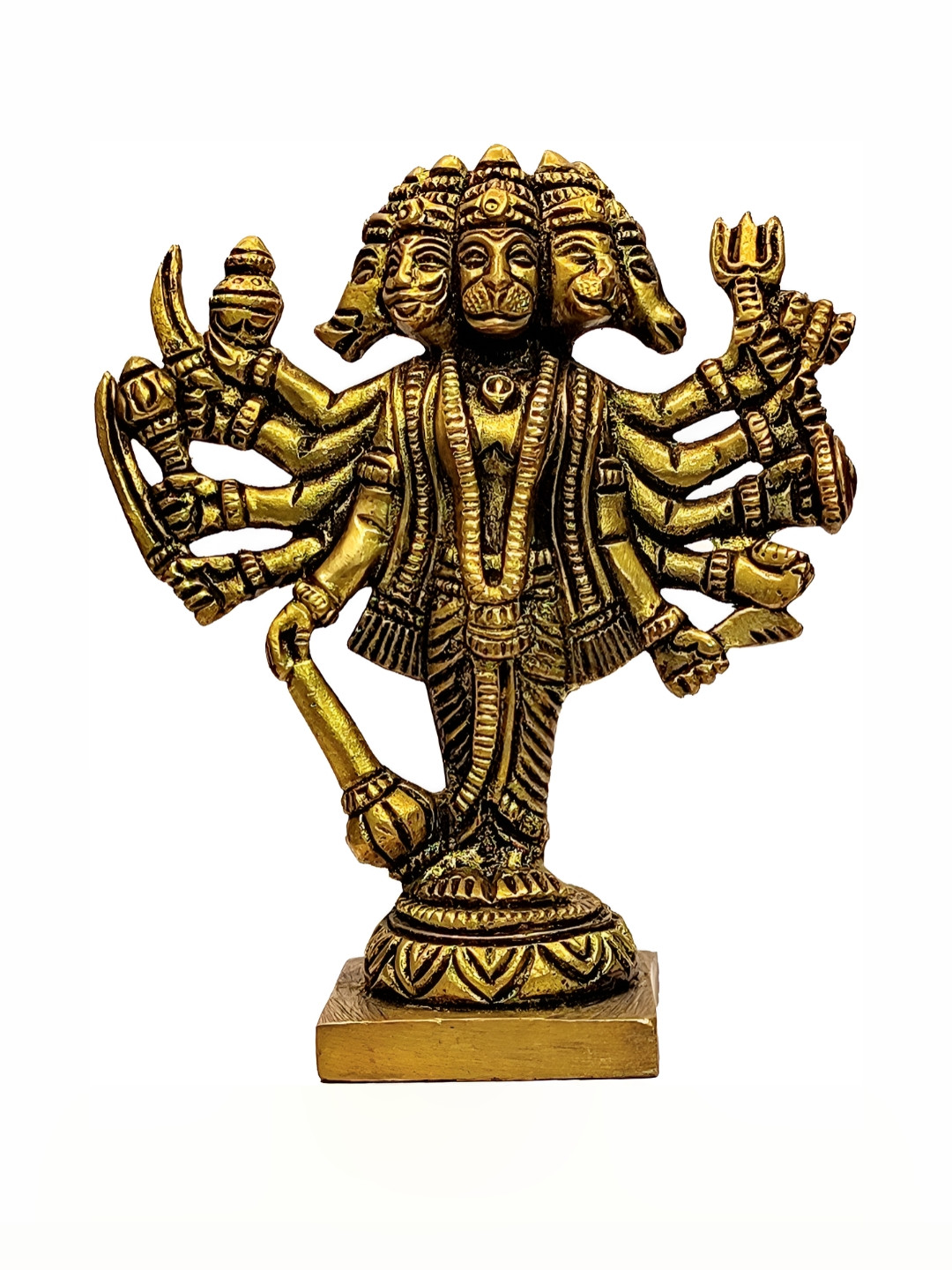 Navyaksh Panchamukhi Hanuman Standing Gold Brass Metallic Prayer Room Small Showpiece - 3.1 Inches