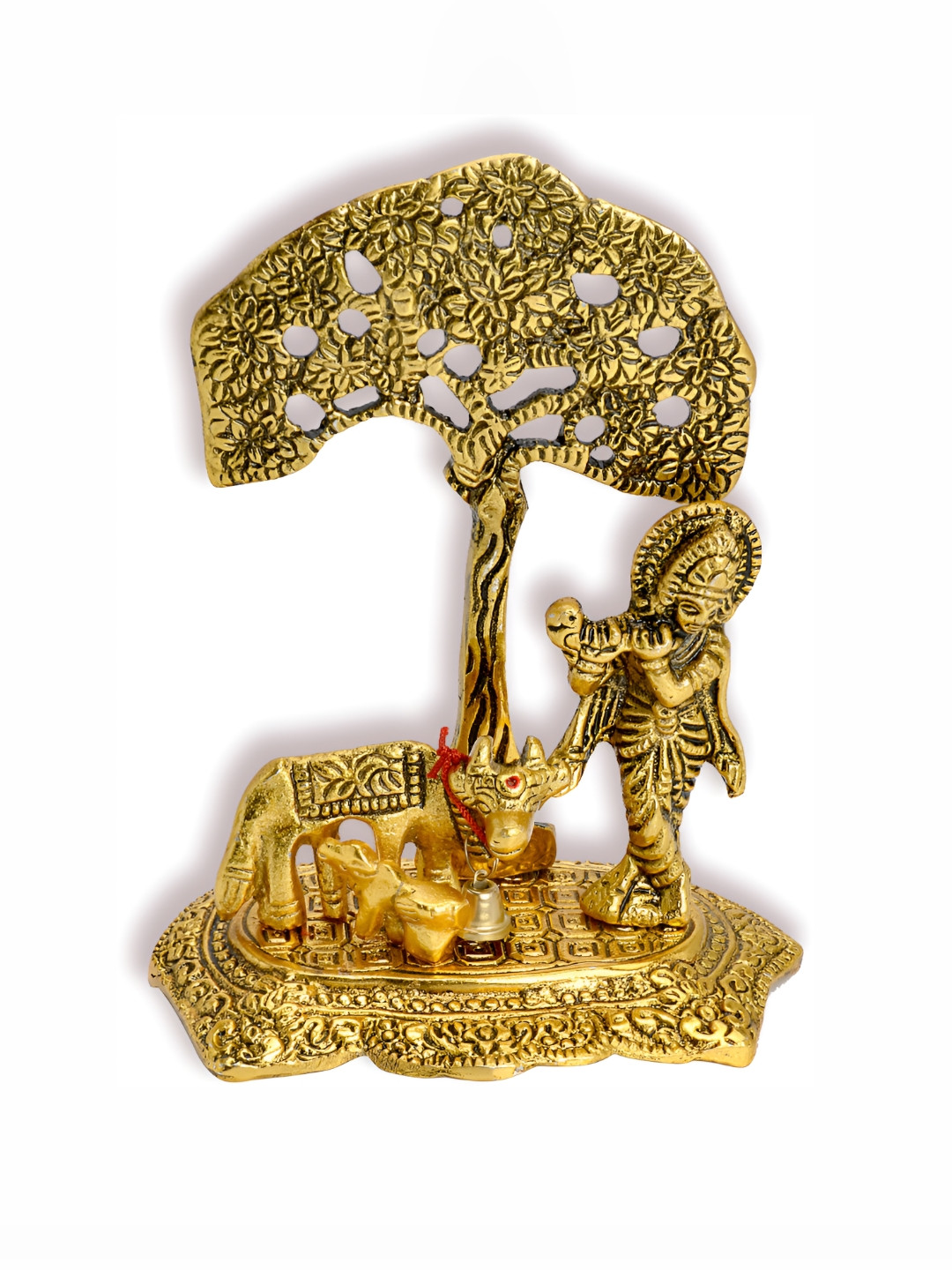 Navyaksh Krishna with Cow Standing Under Tree Plying Flute Gold Metal Metallic Prayer Room Small Showpiece - 3.1 Inches