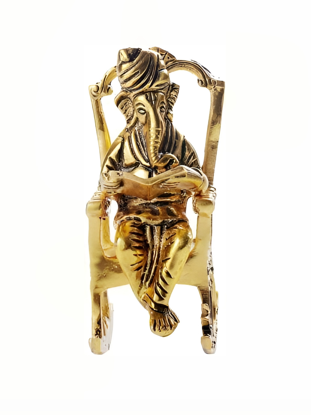 Navyaksh Lord Ganesha On Rocking Chair Gold Metal Metallic Prayer Room Small Showpiece - 2.4 Inches