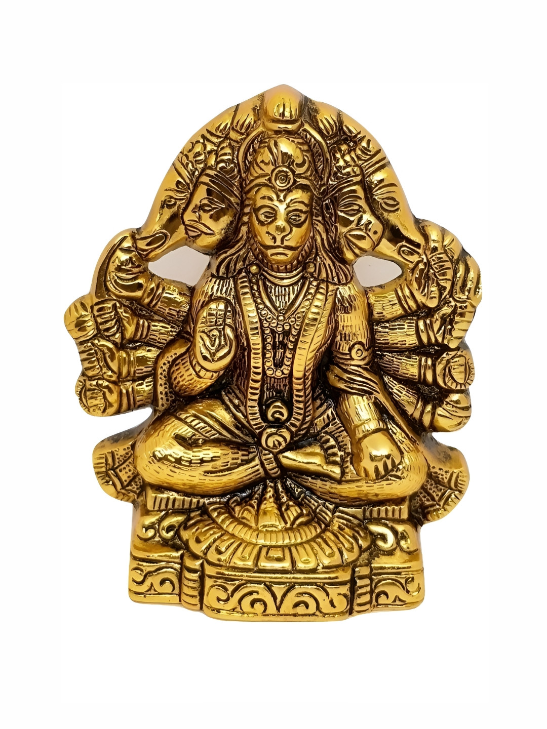 Navyaksh Panchmukhi Hanuman Ji Gold Brass Metallic Prayer Room Small Showpiece - 3.1 Inches