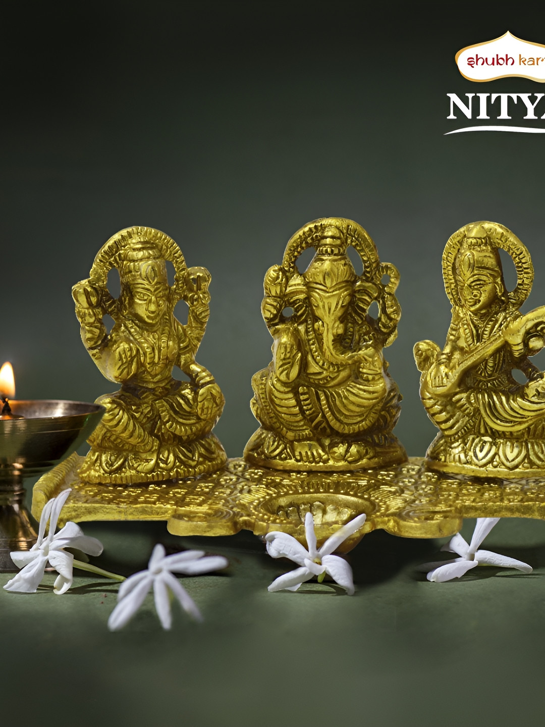 Navyaksh Nitya Ganesh Saraswati with Diya Gold Metal Metallic Prayer Room Set of 3 Small Showpieces - 3.1 Inches