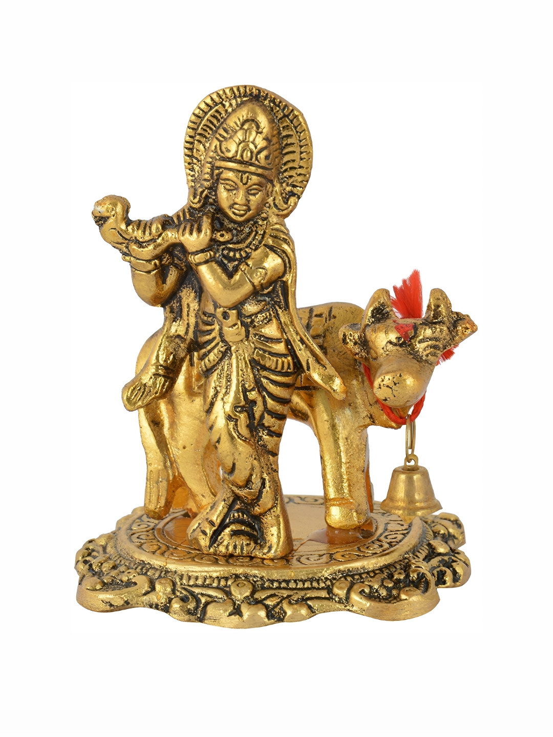 Navyaksh Kamdhenu Cow with Krishna Gold Metal Metallic Prayer Room Small Showpiece - 3.1 Inches
