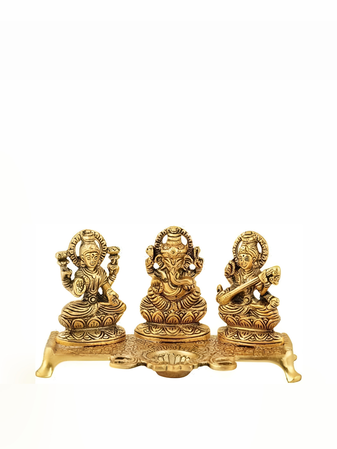 Navyaksh Ganesh Laxmi Saraswati Gold Metal Metallic Prayer Room Small Showpiece - 3.1 Inches