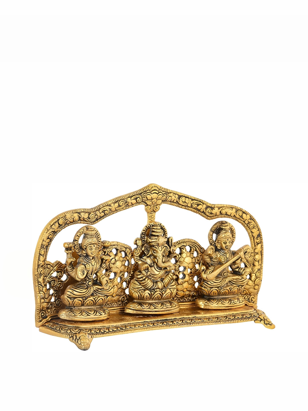 Navyaksh Ganesh Laxmi Saraswati Gold Metal Metallic Home Office Medium Showpiece - 5.1 Inches