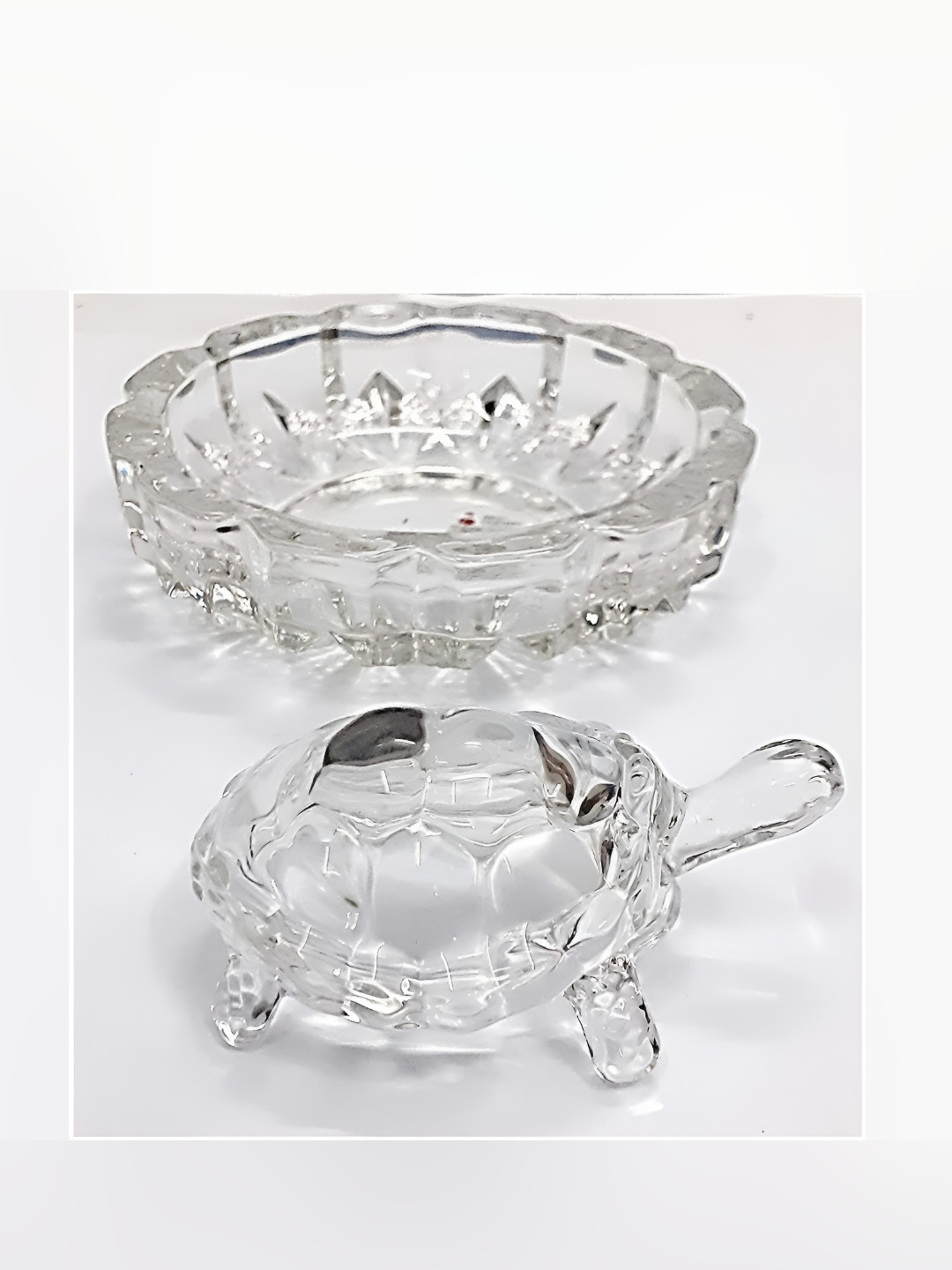 Navyaksh Turtle Tortoise with Plate for Feng Shui Transparent Crystal Natural Living Room Set of 2 Small Showpieces - 3.1 Inches