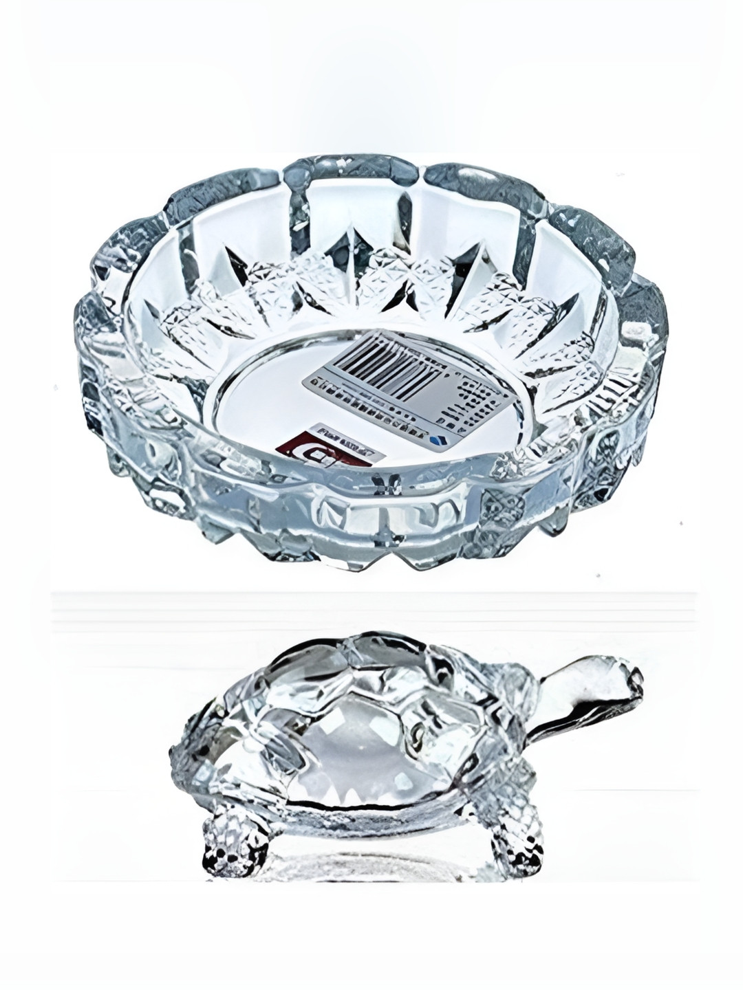 Navyaksh Turtle with Beautiful Bowl Plate Fengshui Vastu Transparent Crystal Glossy Prayer Room Set of 2 Small Showpieces - 4.3 Inches