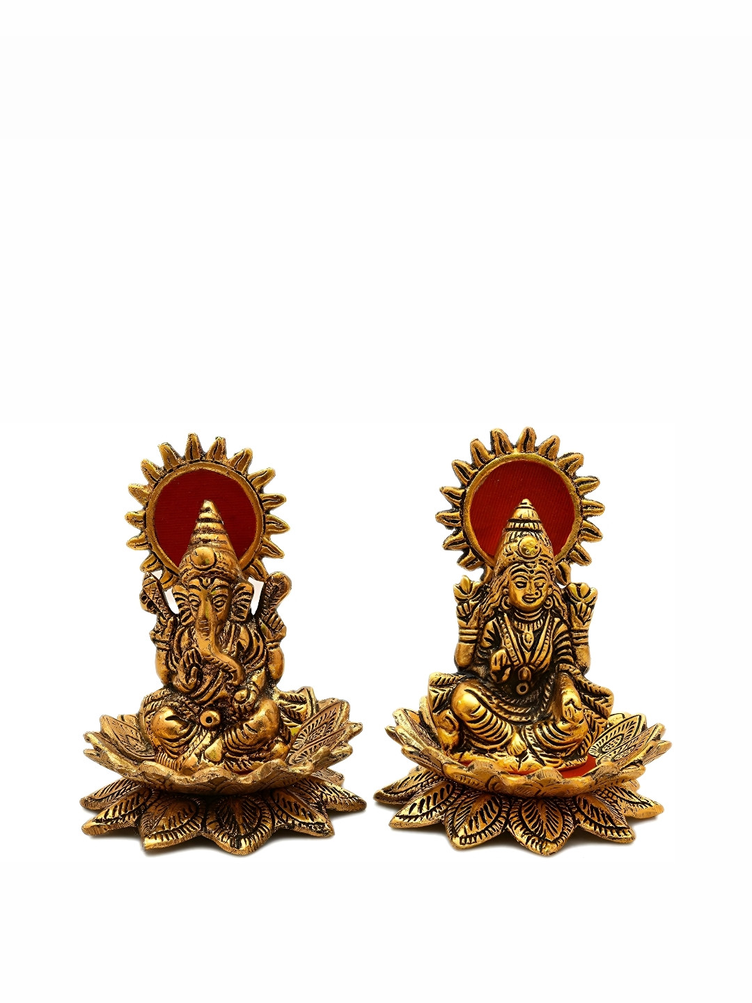 Navyaksh Lotus Sitting Lord Lakshmi/Ganesha Gold Brass Metallic Prayer Room Set of 2 Small Showpieces - 3.1 Inches